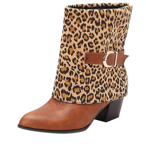 Bottines épaisses repliables pour femme - Imprimé léopard - Denim - Mi-mollet - Bout pointu - Bottes de cowboy cowgirl avec boucle - Chaussures tendance occidentales, marron, 37 EU