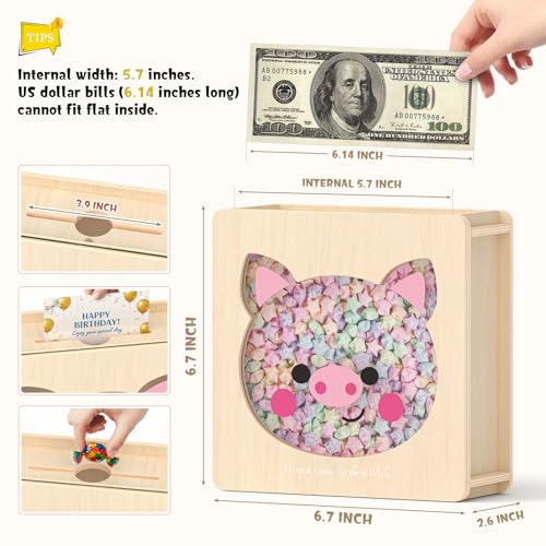 Image of Summidate Wooden Money Saving Box, Clear Window Cash Vault Savings Box with DIY Stickers, Reusable Personalized Piggy Bank for Kids & Adults, Birthday /Baby Shower /Wedding Gift