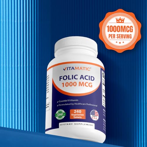 Image of Vitamatic Folic Acid 1000 mcg (1 mg), 240 Vegetarian Tablets | Vitamin B9 (Pack of 3)