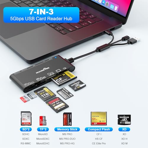 7 in 3 Multi Memory Card Reader - USB C Lighting USB3.0 Multi Card Reader for SD TF CF XD MS,SD Card Reader Adapter for for Phone/Pad/MacBook/Samsung/PC Plug and Play Read/Write 5Gbps by Rocketek - Image 2