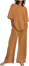 Women's Chic Elegant Cotton and Linen Summer Large Size Short Sleeve T-Shirt Top + Wide Trousers Suit Solid Colour Casual Sport Jogging Beach Outdoor Suit Breathable Cheap