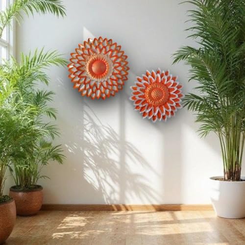 Image of SETHI AESTHETIC Metal Kesariya Flower Wall Art Decor, Handmade 3D Layered Petal Design, Set of 2 (13x13 inch and 11x11 inch) (Metallic Kesariya)