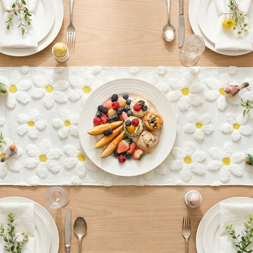 Artoid Mode White Soft Plush Faux Fur Jacquard Embroidery Daisy Spring Table Runner, Kitchen Dining Table Decoration for Home Party Decor 13x72 Inch by Artoid Mode - Used condition - Image 3
