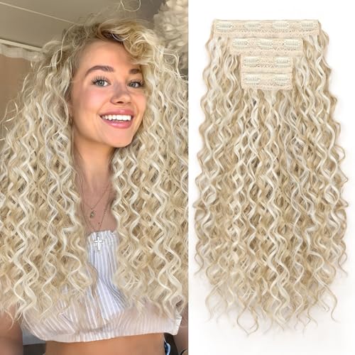PHADRIA Curly Clip in Hair Extensions,4PCS 20 Inch Hair Extensions long Soft Natural Hairpiece Lace Weft Curly Wave Clip Ins Extensions Invisible for Women(Ash Blonde with Highlights)