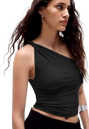 Sukiglam Camiseta Sin Mangas Mujer Verano Sexy Camisetas con Un Hombro Elegante Tank Tops Cuello Asimétrico Crop Top Ajustado Elástico Slim Fit Camisolas Shirt de Festival Casual Streetwear
