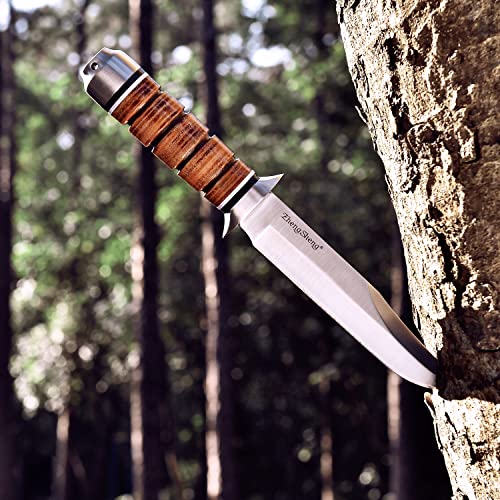 Zhengsheng 6.4 Inches Fixed Blade Hunting Knife With Leather Sheath Outdoor Bowie Knife Full Tang Leather Handle Straight Edge Survival Camping Knife For Hiking #TOP3
