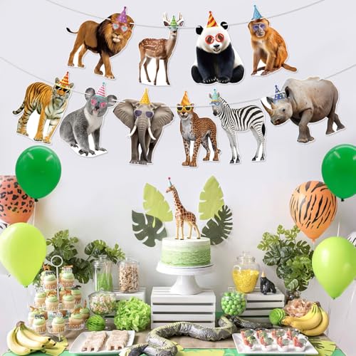 Image of Hooqict Safari Animals Happy Birthday Banner Animal Birthday Decorations Party Animal Banner Garland Sign for Jungle Theme Decorations Kids Wild Zoo Party Supplies