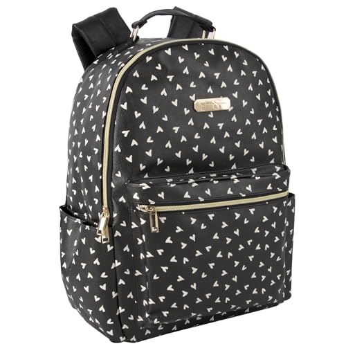 Jessica Simpson Women’s Waterproof Laptop Travel Backpack with Side Water Bottle Pockets for College, Commuting, Work (Black & White Hearts)