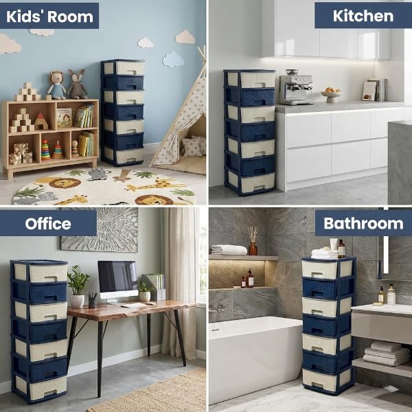 Image of KITCHIVO Plastic Modular Drawer Storage Chest Of Drawers Organizer Storage Box, Large Stomo Racks For Multipurpose Anti-slip Shoes Organizers (White & Blue, 7 Layer)