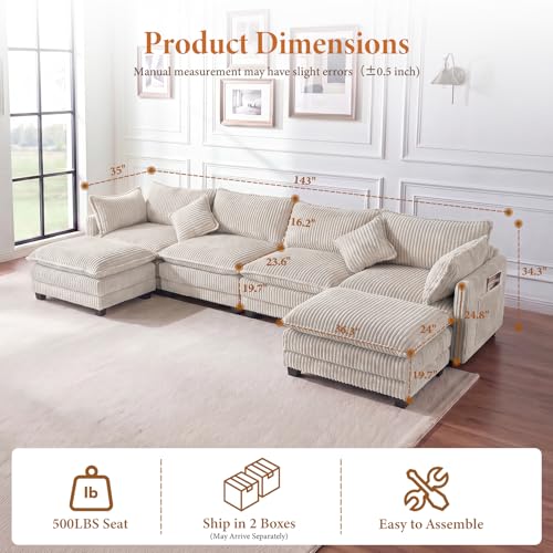 Image of Vesgantti 143 inch U Shaped Sectional Modular Couch, Comfy Corduroy Upholstered Modular Cloud Sofas for Living Room, Modern Sectional Sofa with 2 Ottoman Deep Seat, Beige