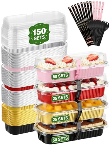 NEEBAKE 150 Pack 6.8 oz Disposable Mini Loaf Pans with Lids and Spoons - 6.5x2.5x1.2 Mixed Color Aluminum Loaf Pans, Small Aluminum Tin Foil Baking Pan, Food Containers for Baking, Cakes, Bread