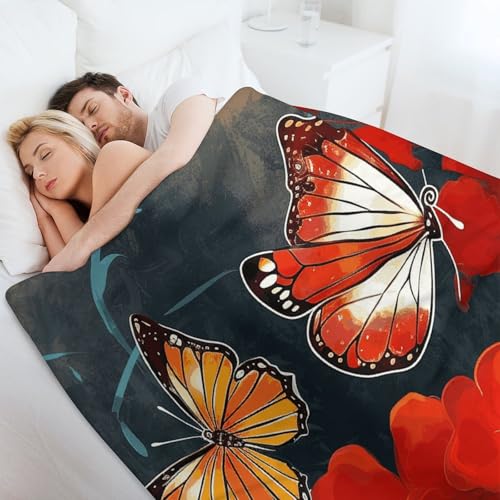 Plaid en flanelle rouge confortable couverture douce lit motif papillons - 7