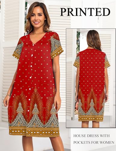 Image of Ekouaer House Dresses for Women with Pockets Button Down Nightgowns Plus Size Moo Moos Mumu Dresses Floral Print S-3XL
