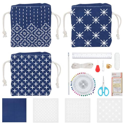 Kit tissu Sashiko débutant lot 3 sacs cordon loisir créatif