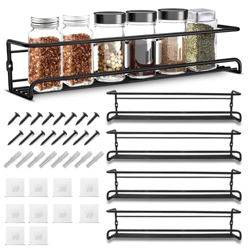 Chiliware Spice Racks Organiser - 4 Tier Hanging Stainless Steel Spice Rack for Inside Cupboard & Wall Mounted with Adhesive Stickers & Screws for Kitchen Condiments/Tidy Pantry Cabinet Door (Black) Chiliware Spice Racks Organiser - 4 Tier Hanging Stainless Steel Spice Rack for Inside Cupboard & Wall Mounted with Adhesive Stickers & Screws for Kitchen Condiments/Tidy Pantry Cabinet Door (Black)