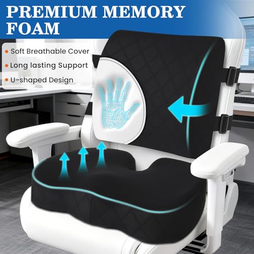 TushGuard Back&Seat Cushion, Car Seat Office Chair Cushions, Memory Foam Lumbar Back Support Pillow, Portable Airplane Seat Cushion for Travel, Computer Desk, Wheelchair, Driving (Black, X-Large) — view 3