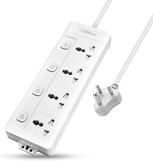 EMBOX 10A Extension Board with Individual Switch 4 Sockets-Spike Guard with 3 Meter Cable-Power Strip Extension Cord with Safety Shutter and…