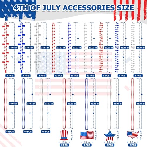 Independence Day Necklace Accessories, 200PCS 4th of July Bead Necklaces, Patriotic 4th of July Red Blue White Necklace USA Hat Flags Pendant, Metallic Necklace for Memorial Day Parades Party Favors2