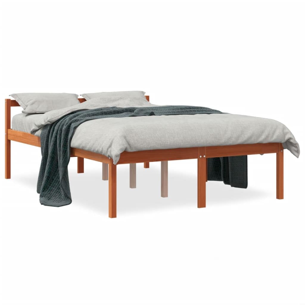 Massives Kiefernholz Seniorengerecht 120x190 cm Braun | Seniorenbett Wachsbraun 120x190 cm Massivholz Kiefer mit Kopfteil, 44 cm Einstiegshoehe, Stauraum unterm Bett, belastbares
