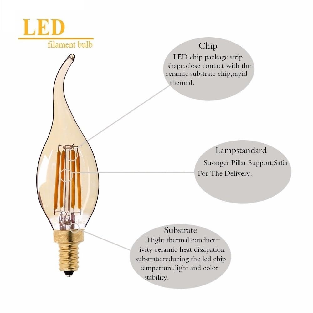 1fortunate Paquete de 20 bombillas de filamento LED Vintage Edison bombilla de tinte dorado AC220V C35T E14 lámpara LED con punta curvada de llama