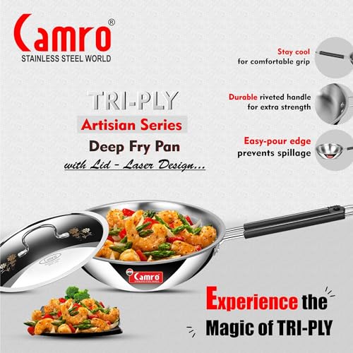 Image of Camro Triply Artisian Deep Fry Pan with Lid (11 No, 1.2 Liters) | Induction Friendly Dishwasher Safe | Gas Stove Compatible | 15+Years of Innovation and Quality