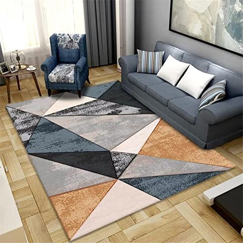 Tapis bleu gris géométrique 120x180 cm à poils ras lavable pour salle à manger et salon