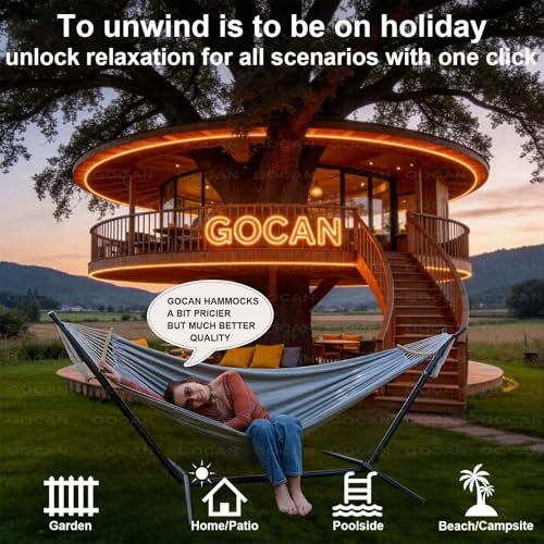 Image of Double Hammock 2 Person Extra Large 220x150cm Total Length 330cm Load 500lb Canvas Cotton Hammock for Patio Porch Garden Backyard Lounging Outdoor and Indoor with Removable Spreader bar