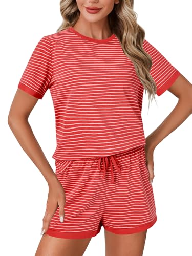 Image of LYANER Pajama Set for Women 2 Piece Lounge Set Striped Crew neck Short Sleeve Tops and Shorts Soft Sleepwear