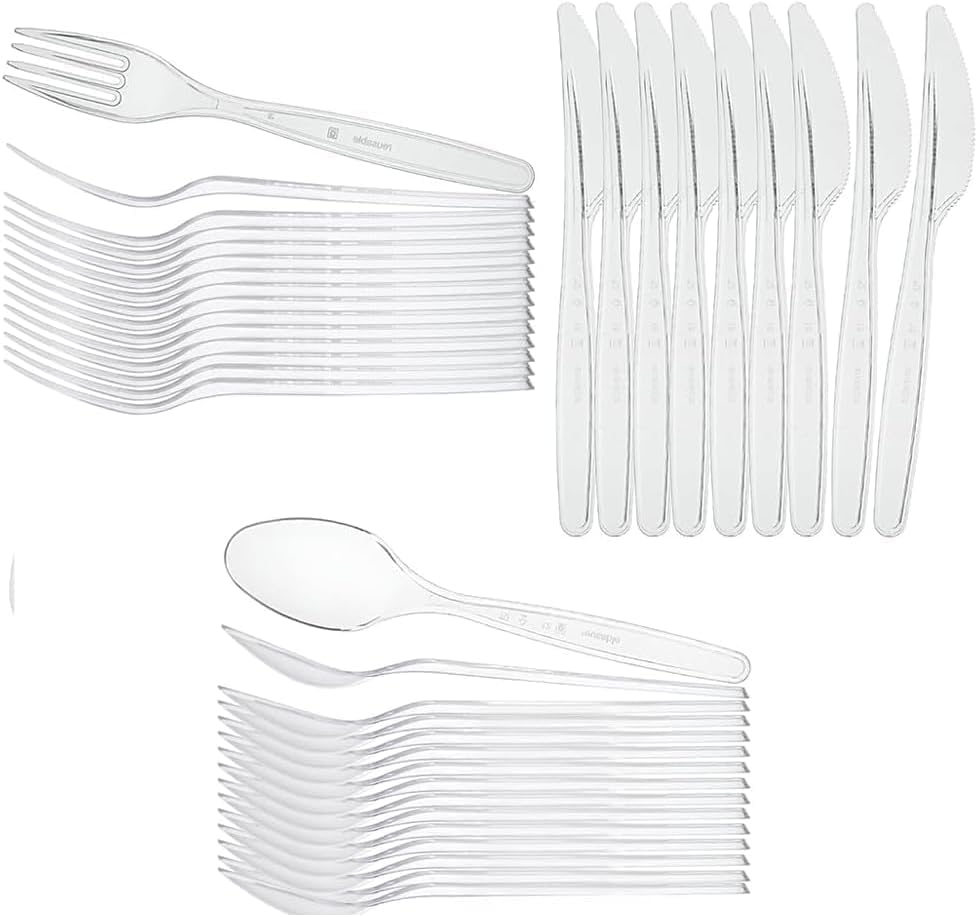 Premium Heavy Duty Clear Plastic Cutlery Set 300pcs - Re-usable & Dishwasher Safe 100 Forks, 100 Spoons, 100 Knives - Ideal for Parties, Weddings, Events, Picnics, Office & Everyday Use - Reusable