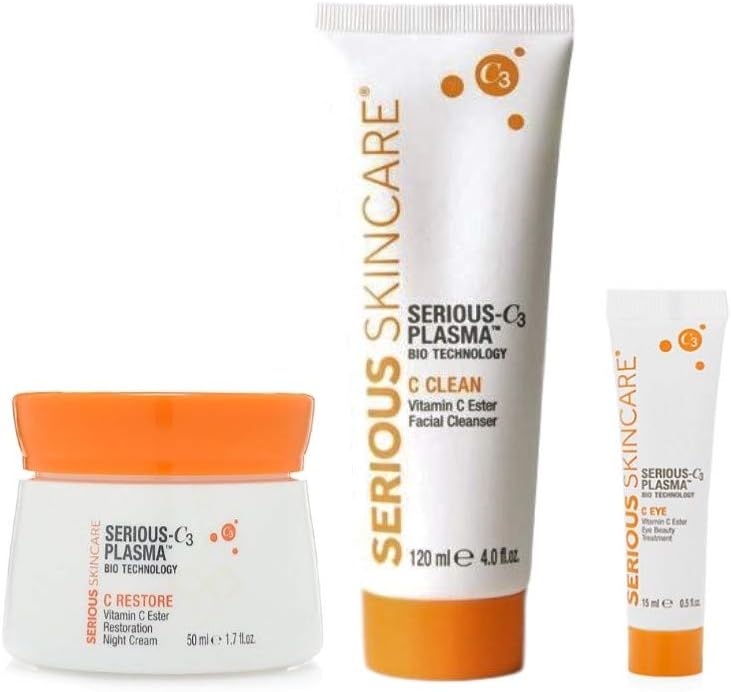 Serious SkincareVitamin C & Collagen Night Skin Care Set - Reduce Wrinkles, Brightening - C-Restore Night Cream Moisturizer, Eye Treatment Gel & C Clean Face Cleanser - Deep Hydration C3 (3Pack)
