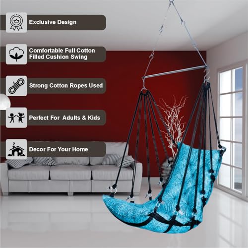 Image of JULJULIA Swing for Balcony Comfortable Cotton Swing Relaxing Jhula for Adults for Home Indoor Outdoor Hanging Seat for Apartment Patio Terrace Garden- 200 kg Weight Capacity - HVY Design Kay Blue