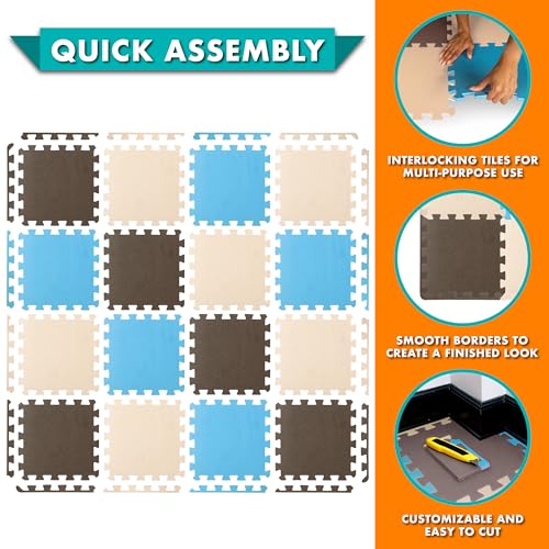 Image of ProSource Baby Play Mat, Soft Foam Floor Tiles for Kids, Interlocking EVA Panels for Playpen Use, Crawling Development Surface, Safe Non-Toxic Toddler Flooring, 16 Tiles, Blue /Brown /Beige