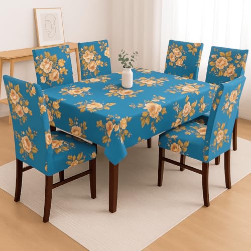 Image of Styleys Dining Chair Cover with Table Covers for Kitchen Waterproof Dining Table Cloth (1 Table Cover + 6 Chair Cover, Blue Flower, CTSD14)