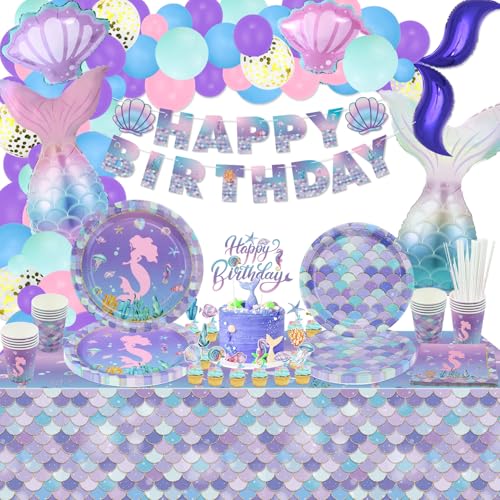 175Pcs Mermaid Birthday Decorations - Balloons Party Plates Banner Cups Scale Tablecloth Cake Toppers for Girl Kids Little Ocean Party Supplies