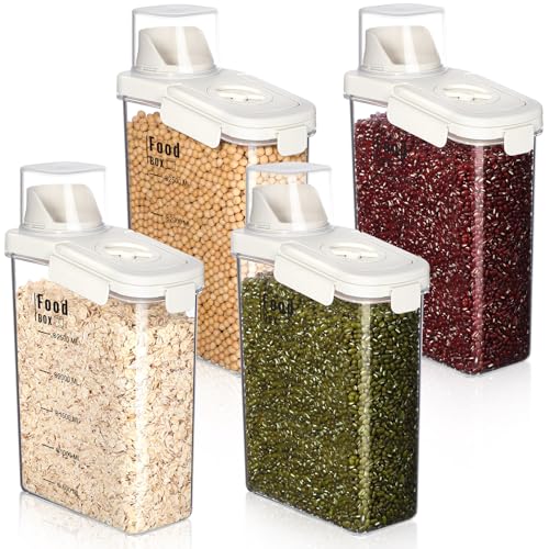Blushtier Set of 4 Airtight Cereal Storage Containers - 2.8L Dry Food Dispensers with Pouring Spouts and Measuring Cups for Baking Essentials, White