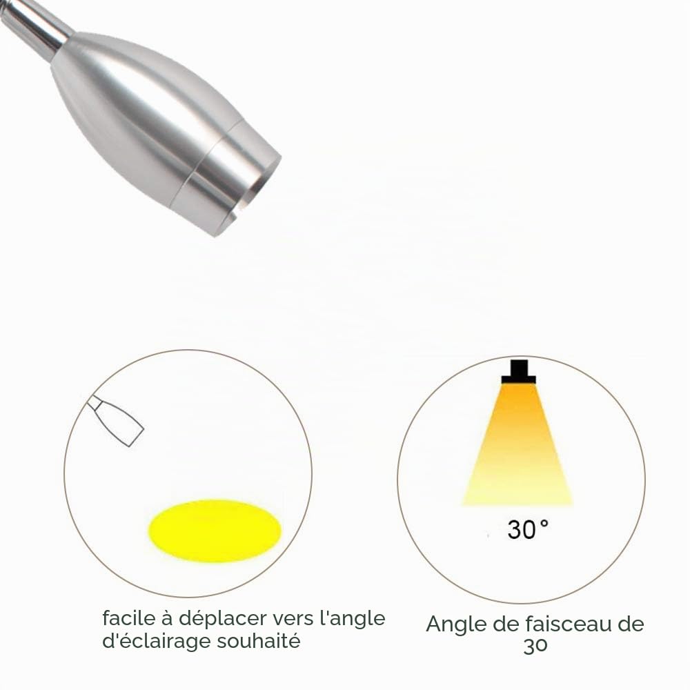 3W Lampe de lecture, Youngine Flexible 3W Lampe de chevet LED avec interrupteur et prise filaire, Applique murale col de cygne pour chambre à coucher, hôtel, bureau, 6000K (Argent-Blanc froid)