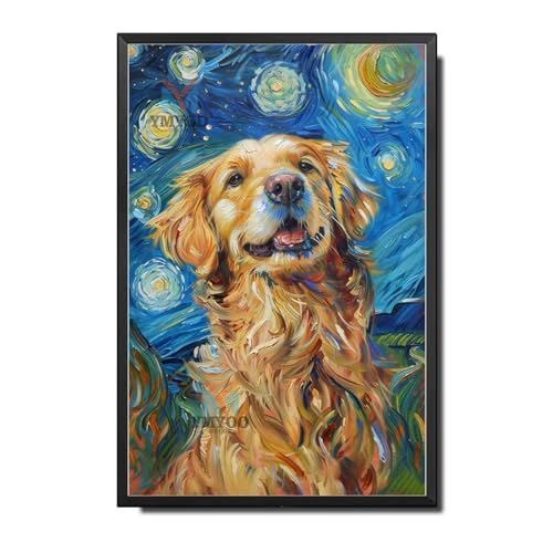 Ymyoo Metal Sign Vintage Tin Sign Golden Retriever Starry Night Retriever Golden Friend in Night for Home Park and Seasonal Celebrations Waterproof Aluminum 6×8 Inches with Metal Frame