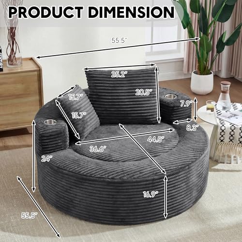 Image of Oversized Round Chair Lounge Chaise Indoor, 55.5 inch Upholstered Corduroy Deep Seat Single Cloud Sofa Chair with Cup Holder, Modern Large Circle Boneless Sleeper Sofa for Living Room, Dark Grey