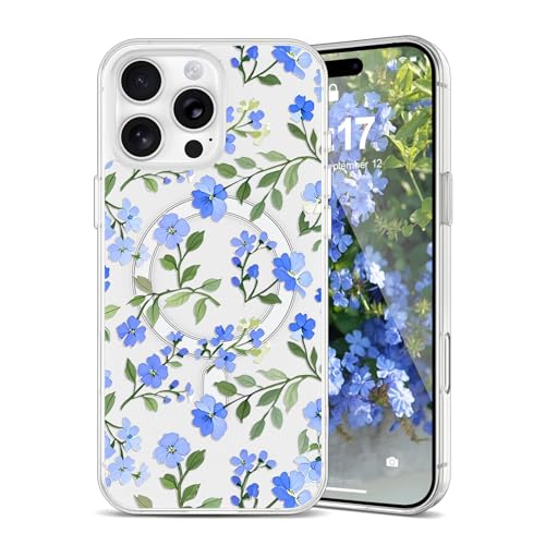 Housse iPhone 13 Pro fleurs bleues cadeau idéal transparent compatible Magsafe pour femme