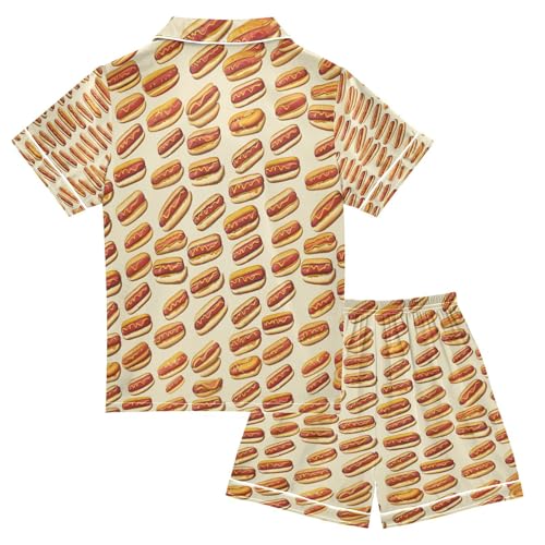 Satin Pajama Sets Short Sleeve Cartoon Hot Dog Pattern Button Down Silky Nightwear 2 Piece PJS 5-14Y2