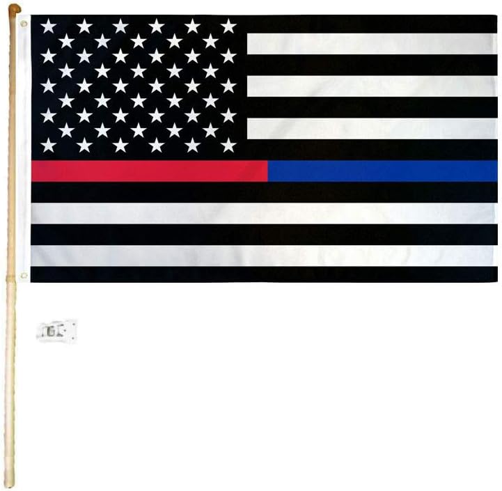 3x5 3'x5' USA Thin Red Blue Line First Responder Polyester Flag with 5' (Foot) Flag Pole Kit with Wall Mount Bracket & Screws (Imported)