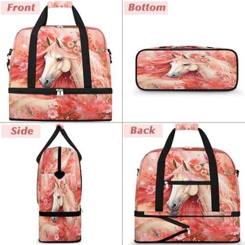Travel Duffel Bags Flower Horse Foldable Weekender Bags for Women with Shoes Compartment Waterproof & Tear Resistant Carry on Overnight Luggage Duffel Bag Shoulder Sports Tote Bag3