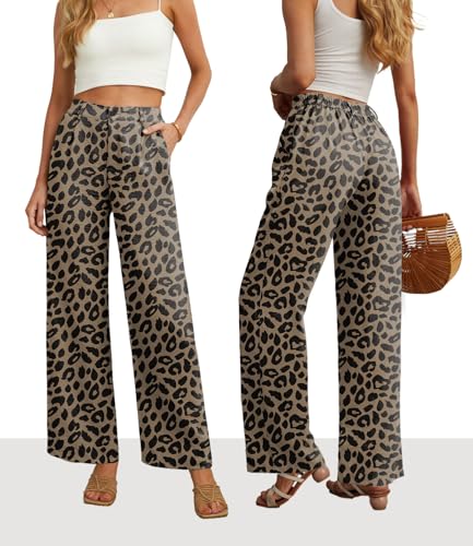 Image of Feiersi Womens Casual Wide Leg Pants High Waisted Button Down Straight Long Trousers Palazzo Pants