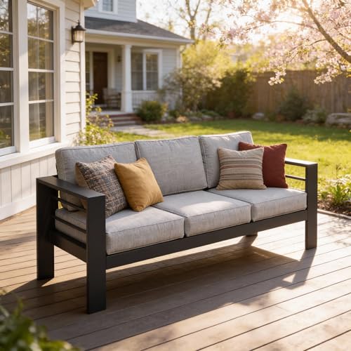 Kiss the Water Outdoor Couch Aluminum Patio Furniture Sofa, 3 Seat All-Weather Metal Patio Couch with 5' Thick and Soft Cushion and Wide Arm, Outdoor Sofa for Balcony, Porch
