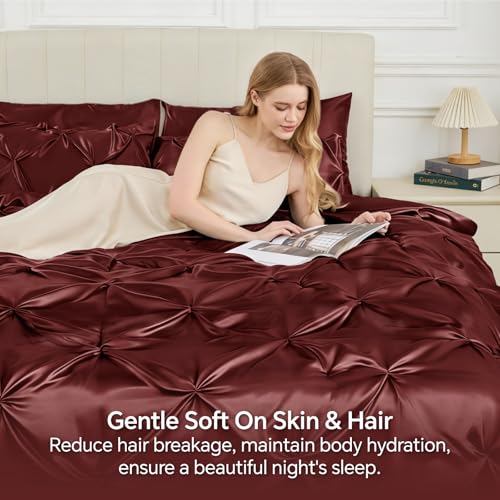 Image of BEDELITE Satin Comforter Set Queen Size, 7 Pieces Pintuck Bed in A Bag with Comforter, Flat Sheet, Fitted Sheet, Pillowcases, Shams, Soft Cozy Similar to Silk Bed Set for All Seasons (Burgundy)
