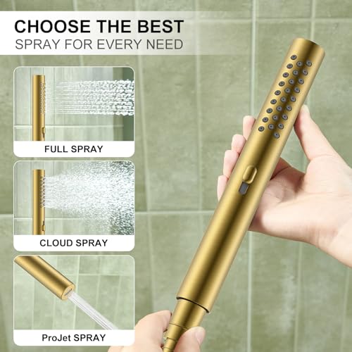 Image of KENES Brushed Gold Square Rainfall Shower System Faucet Set with Handheld