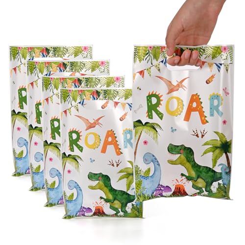 50 Pcs Dinosaur Party Favor Bags with Handles - Plastic Treat Bags for Candy & Small Gifts Bulk Supplies for Wedding Baby Shower Goodie Bags Holiday Gift Bags for Thanksgiving Halloween Christmas New Years Birthday Party Decorations