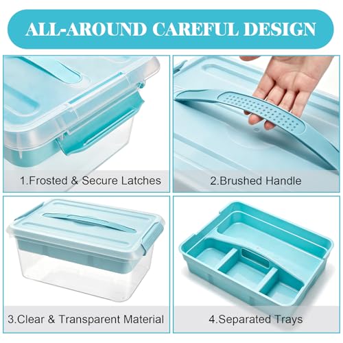 Image of Yesland Stack & Carry Box with Removable Tray, 16 x 11 x 6.5 Inch Plastic Art Supply Storage Organizer Craft Storage Containers with Handle, Portable Organizer Bin for Stationery Sewing Jewelry, Blue