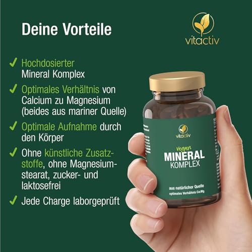 VITACTIV Mineral Komplex - Markenrohstoff Aquamin, Marines Calcium & Magnesium (2:1) - Basische Mineralstoffe & Spurenelemente mit Zink für Säure-Basen-Stoffwechsel - Vegan, Hochdosiert, 120 Kapseln