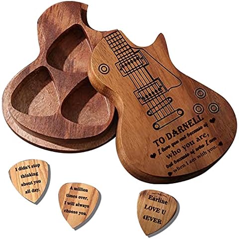 Custom Wooden Guitar Pick Holder with 3 Pcs Guitar Picks,Personalized Guitar Pick Case Box,Engraved Name,Text,Customized Gift for Dad,Husband,Boyfriend,Son,Friends Cover